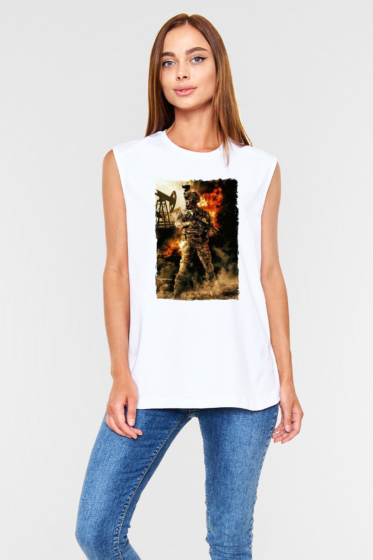 Asker Beyaz Unisex Kolsuz Tişört