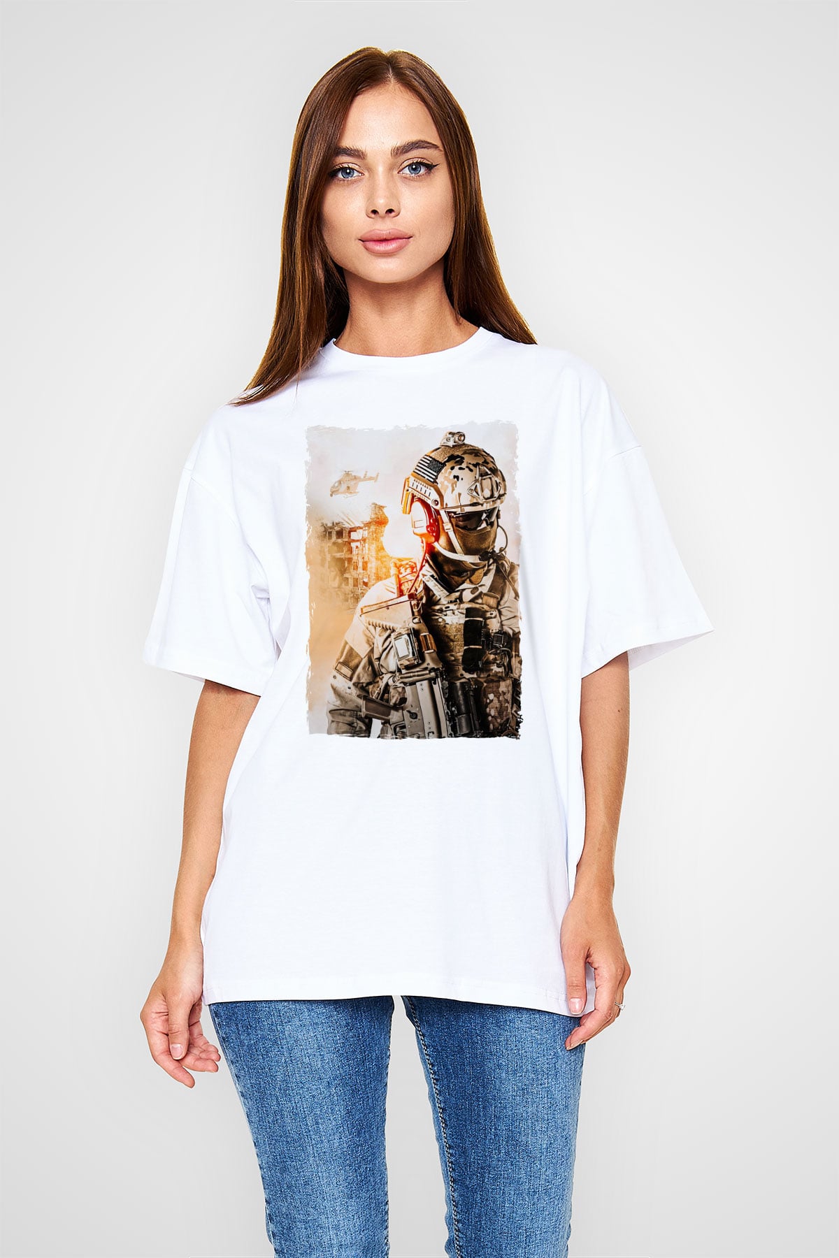 Asker Beyaz Oversize Tişört Oversize T-shirt - TişörtFabrikası