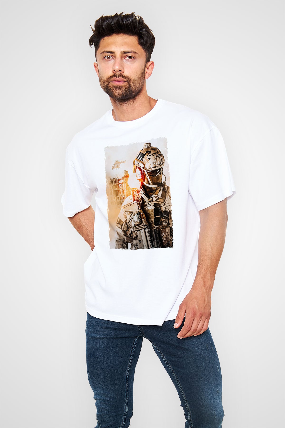 Asker Beyaz Oversize Tişört Oversize T-shirt - TişörtFabrikası