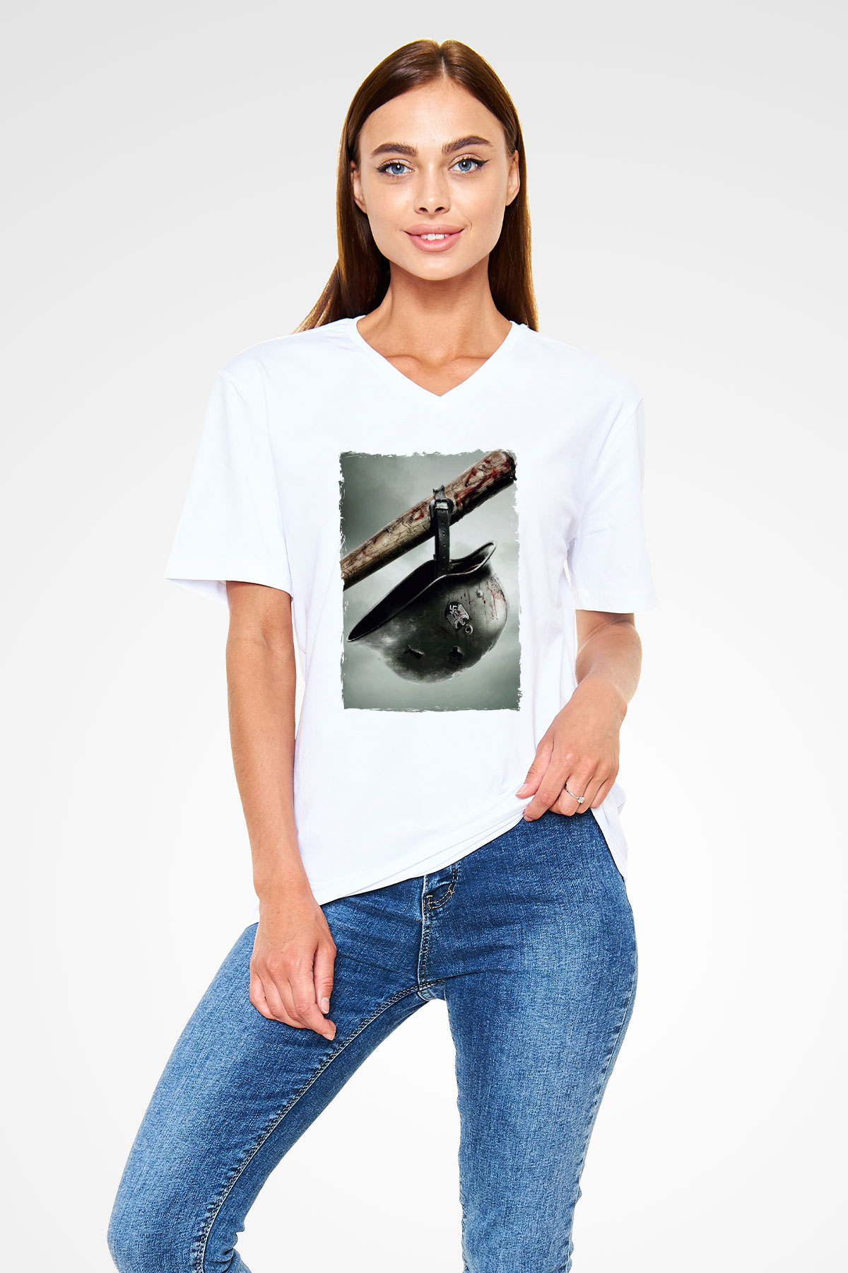 Asker Beyaz Unisex V Yaka Tişört