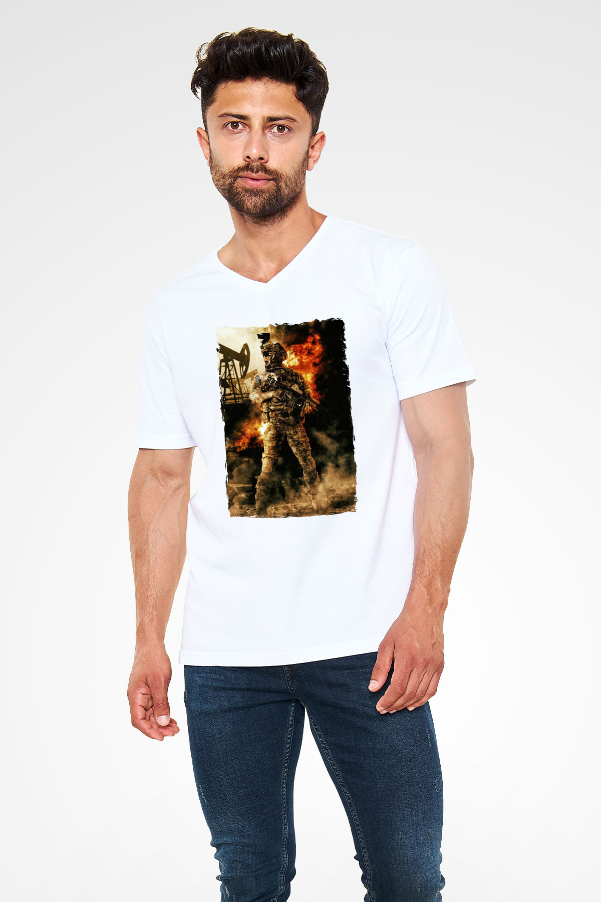 Asker Beyaz Unisex V Yaka Tişört