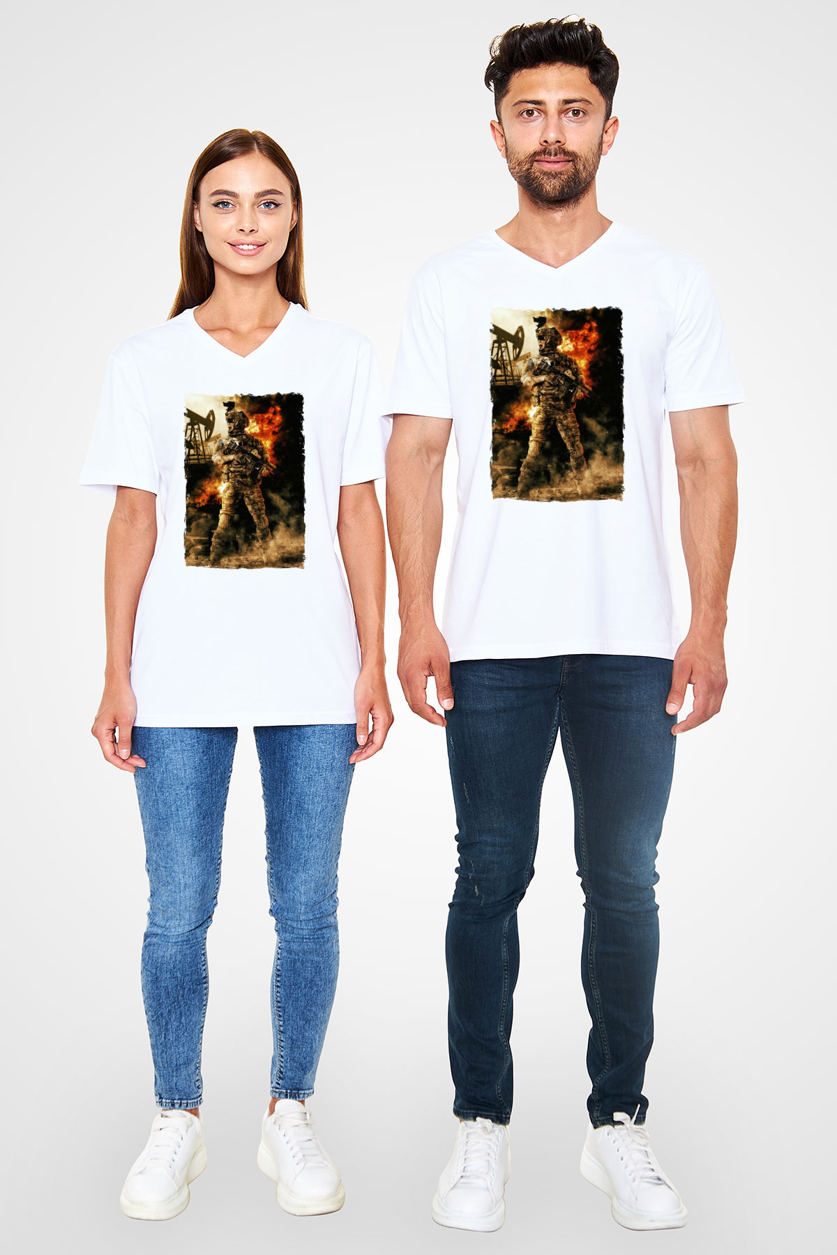 Asker Beyaz Unisex V Yaka Tişört