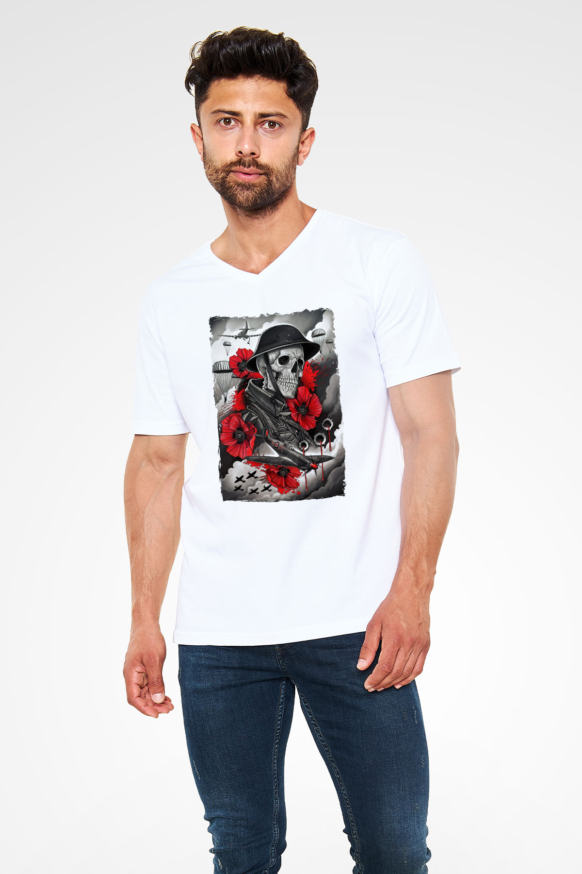 Asker Beyaz Unisex V Yaka Tişört