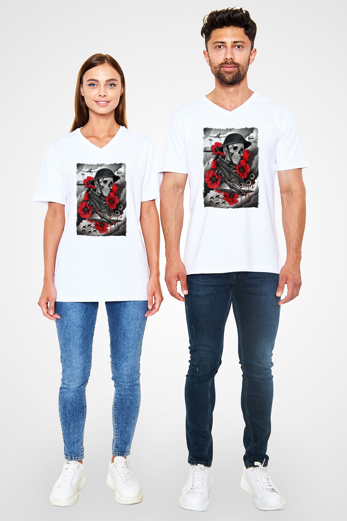 Asker Beyaz Unisex V Yaka Tişört