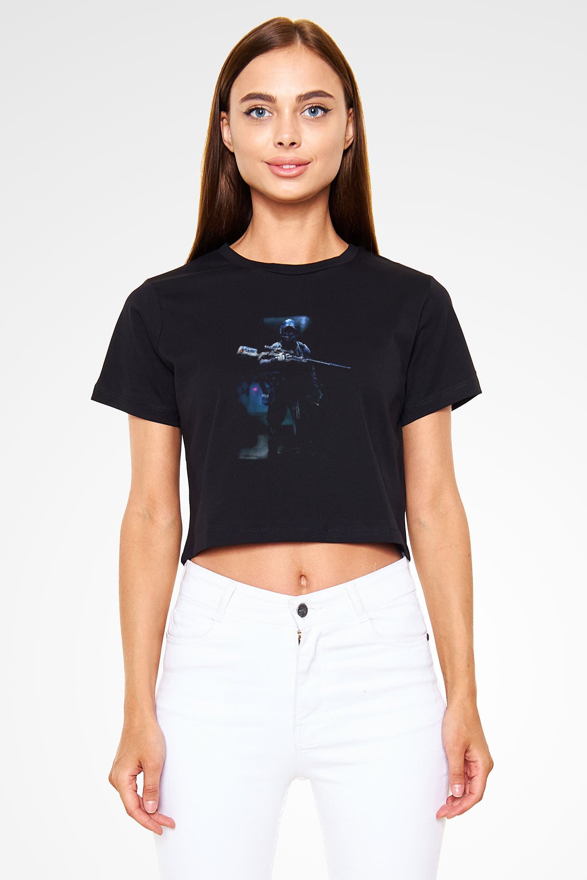 Asker Siyah Crop Top Tişört