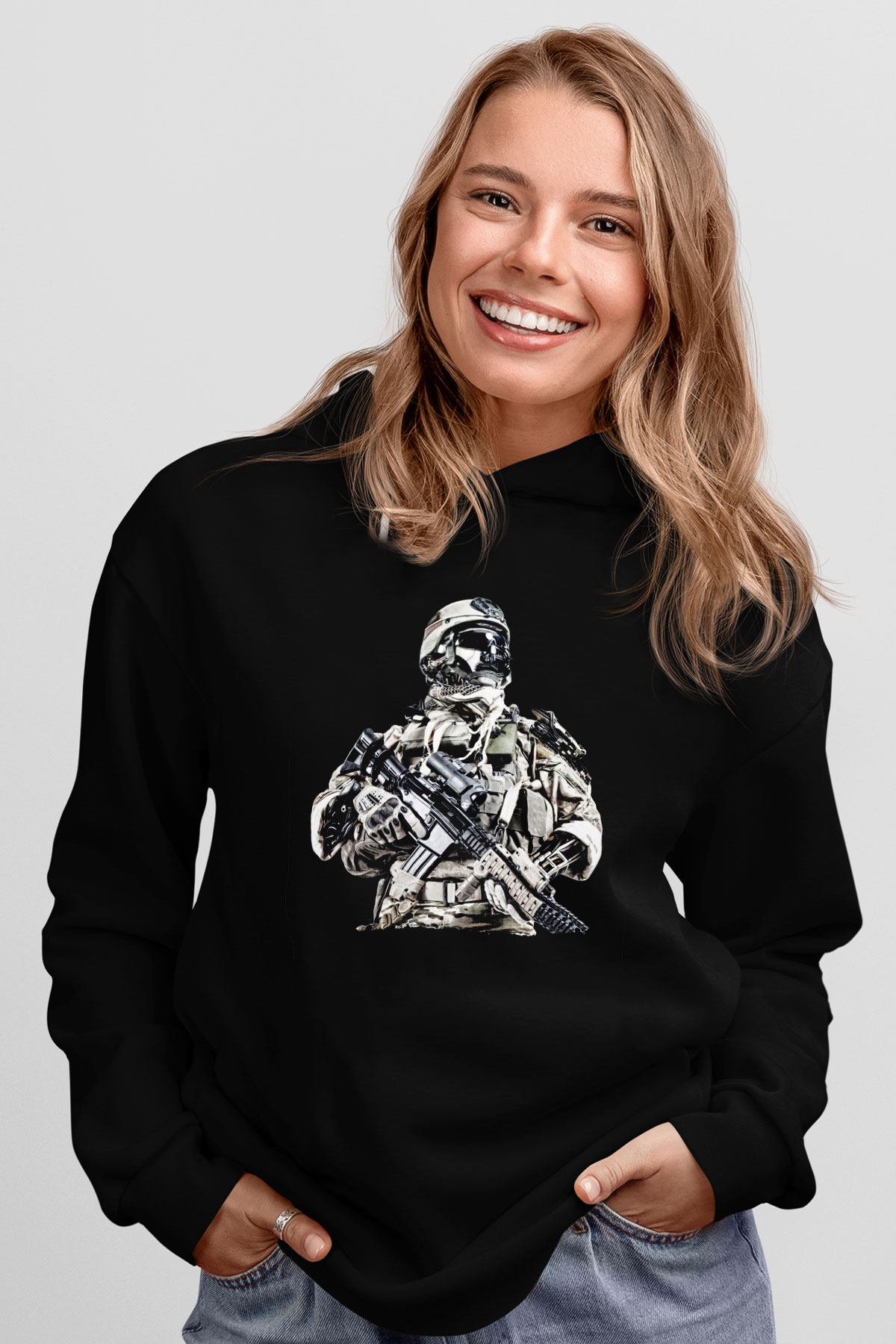 Asker Siyah Unisex Kapüşonlu Sweatshirt