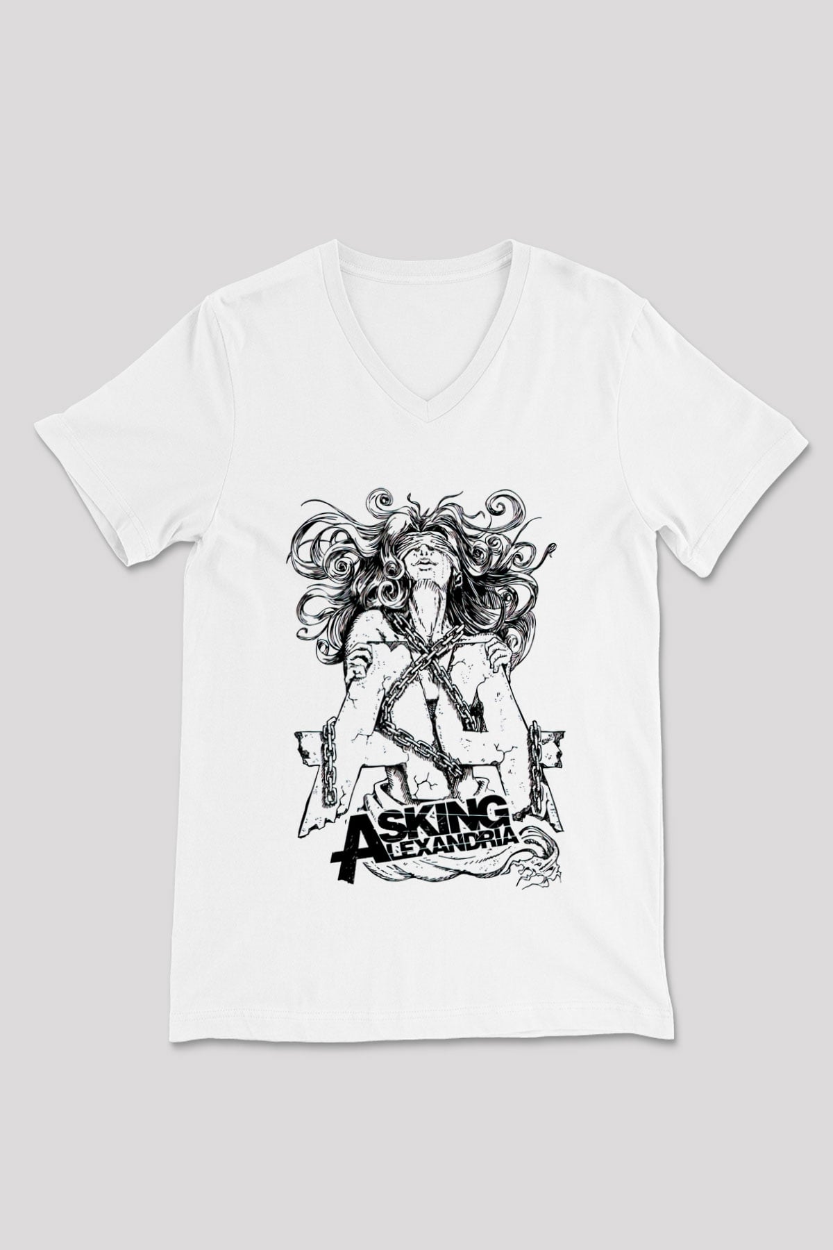 Asking Alexandria Beyaz Unisex V Yaka Tişört T-Shirt