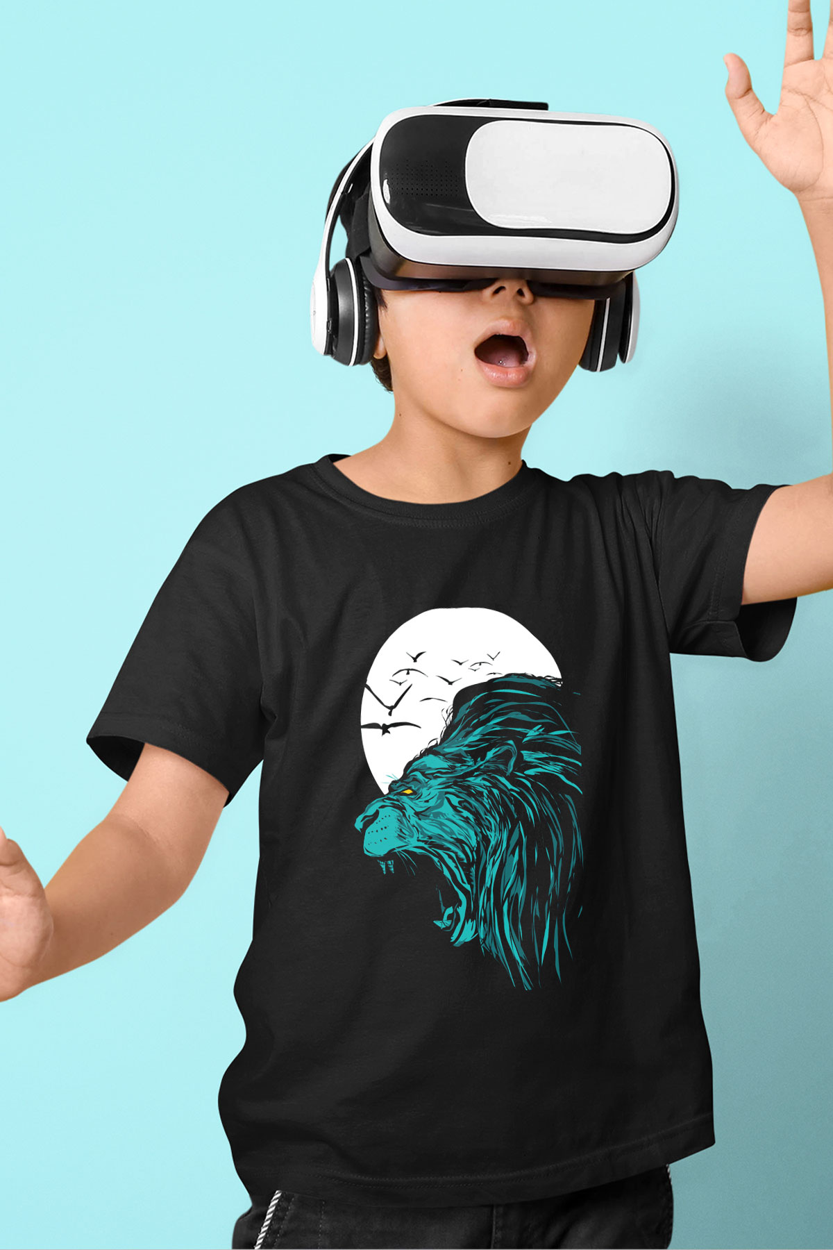 Aslan Baskılı Siyah Unisex Çocuk Tişört