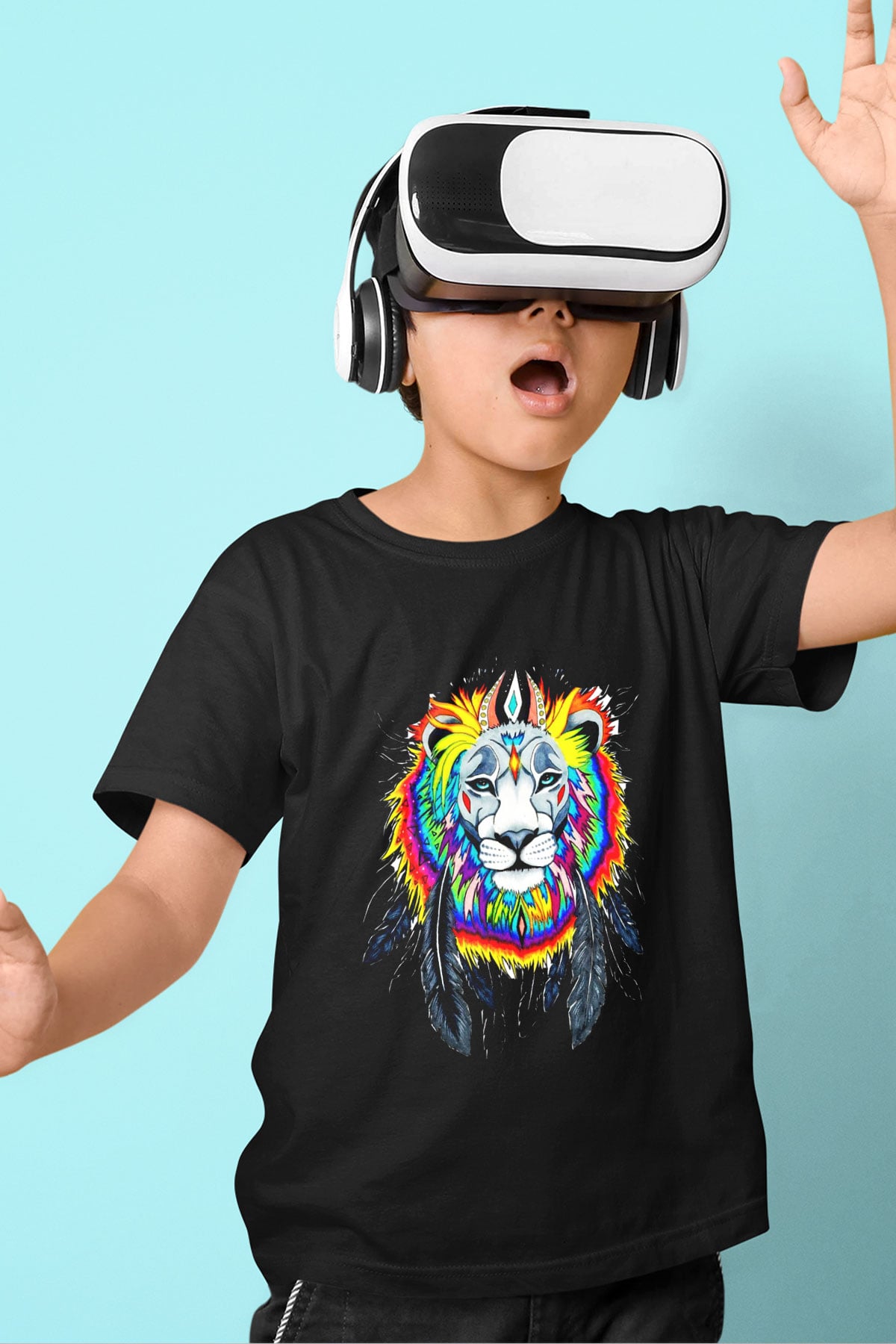 Aslan Baskılı Siyah Unisex Çocuk Tişört