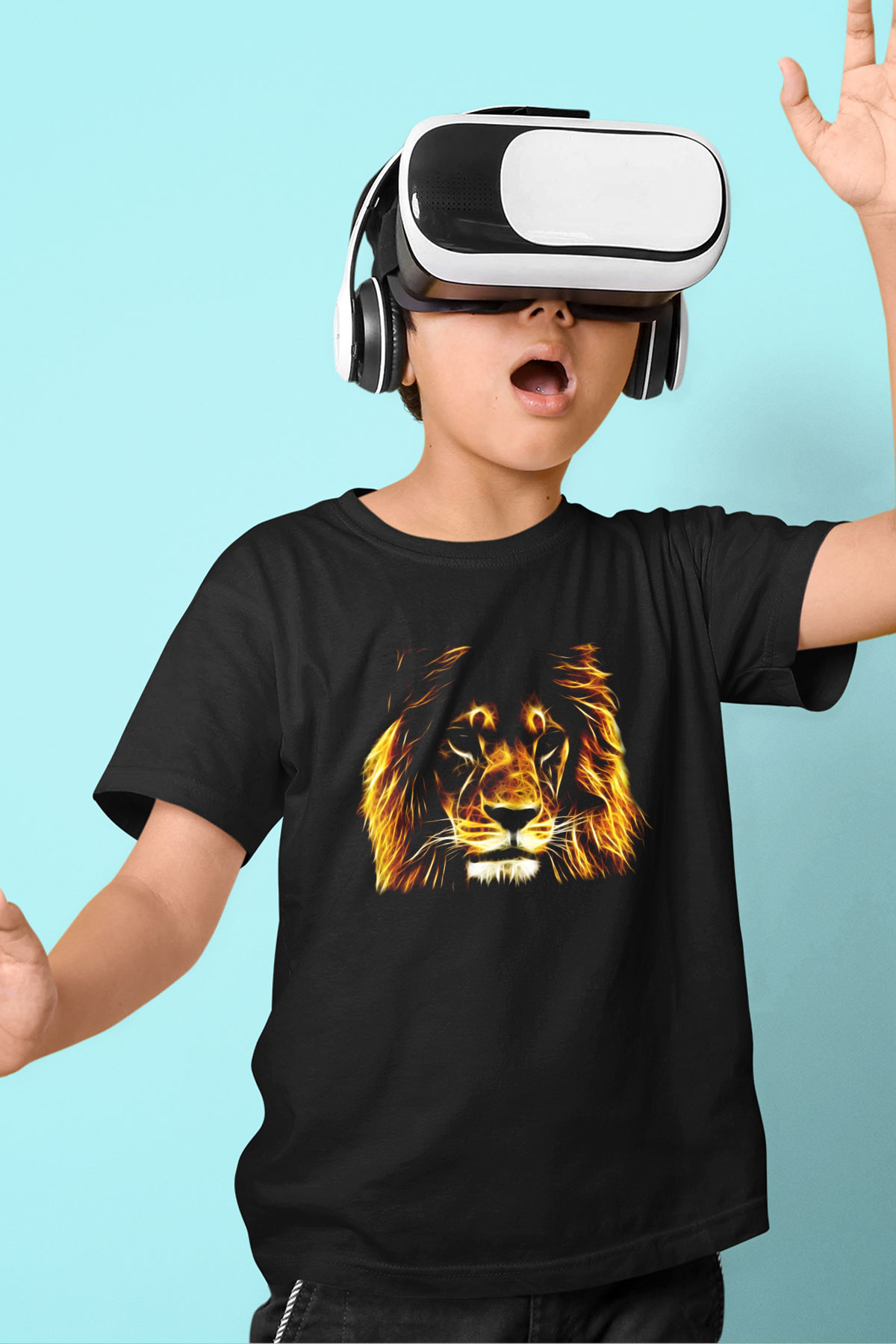 Aslan Baskılı Siyah Unisex Çocuk Tişört