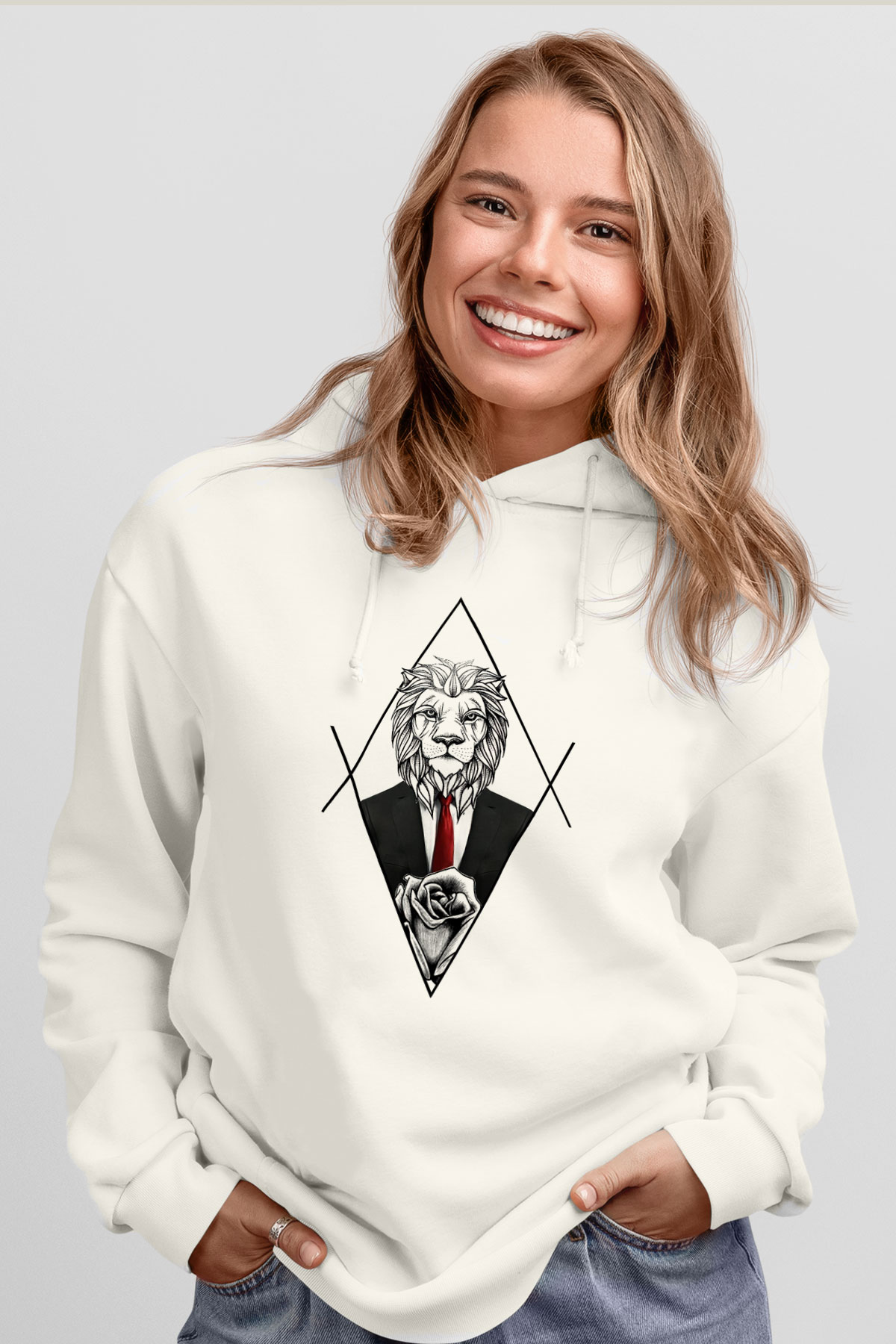 Aslan Beyaz Unisex Kapşonlu Sweatshirt