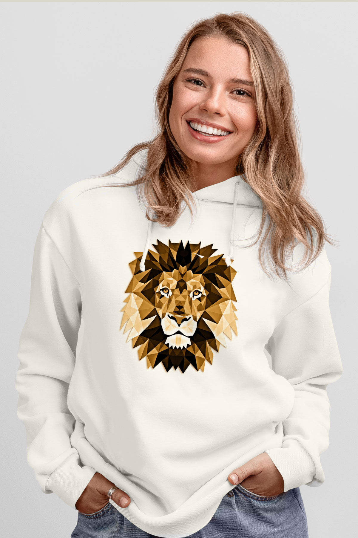 Aslan Beyaz Unisex Kapşonlu Sweatshirt