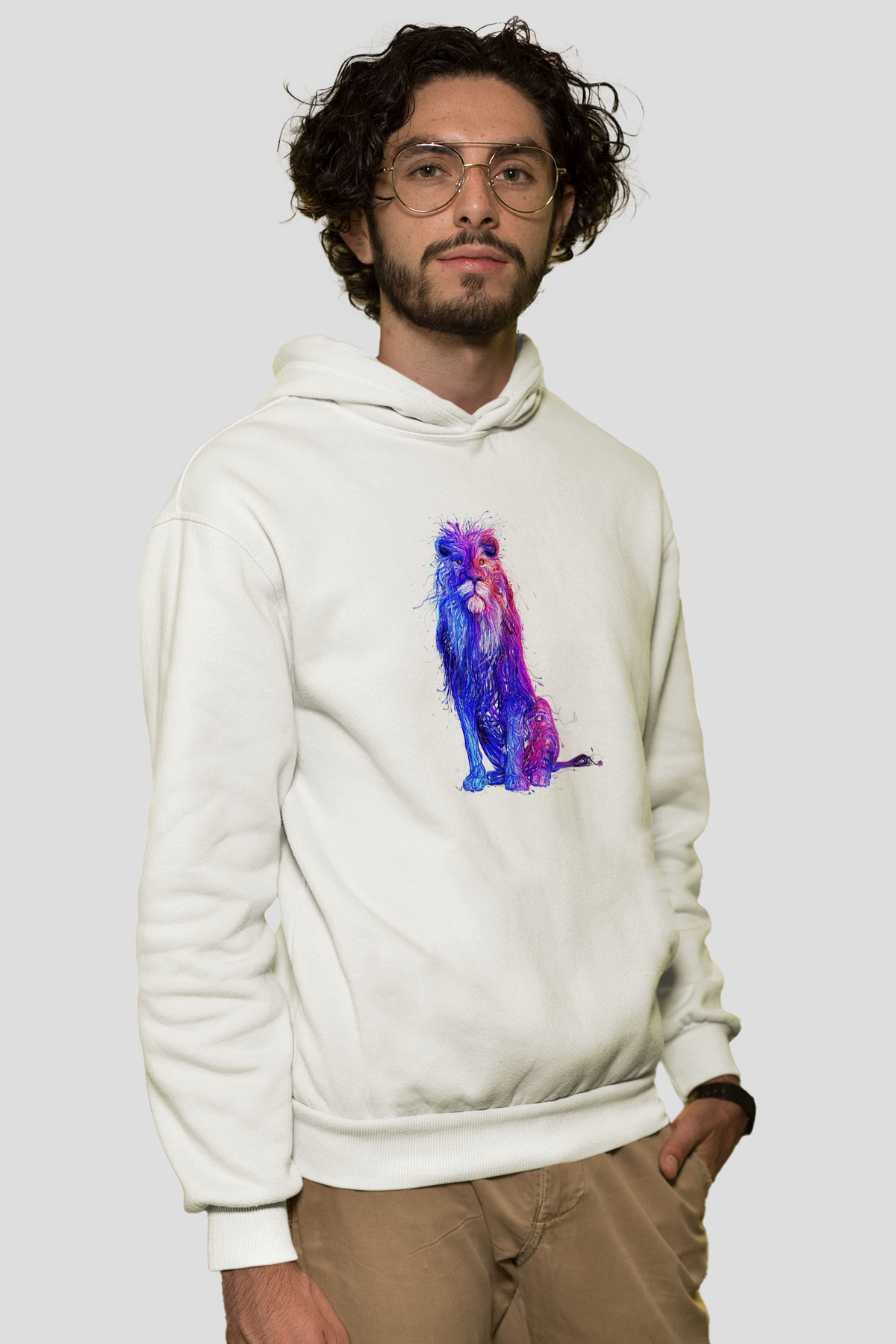 Aslan Beyaz Unisex Kapşonlu Sweatshirt