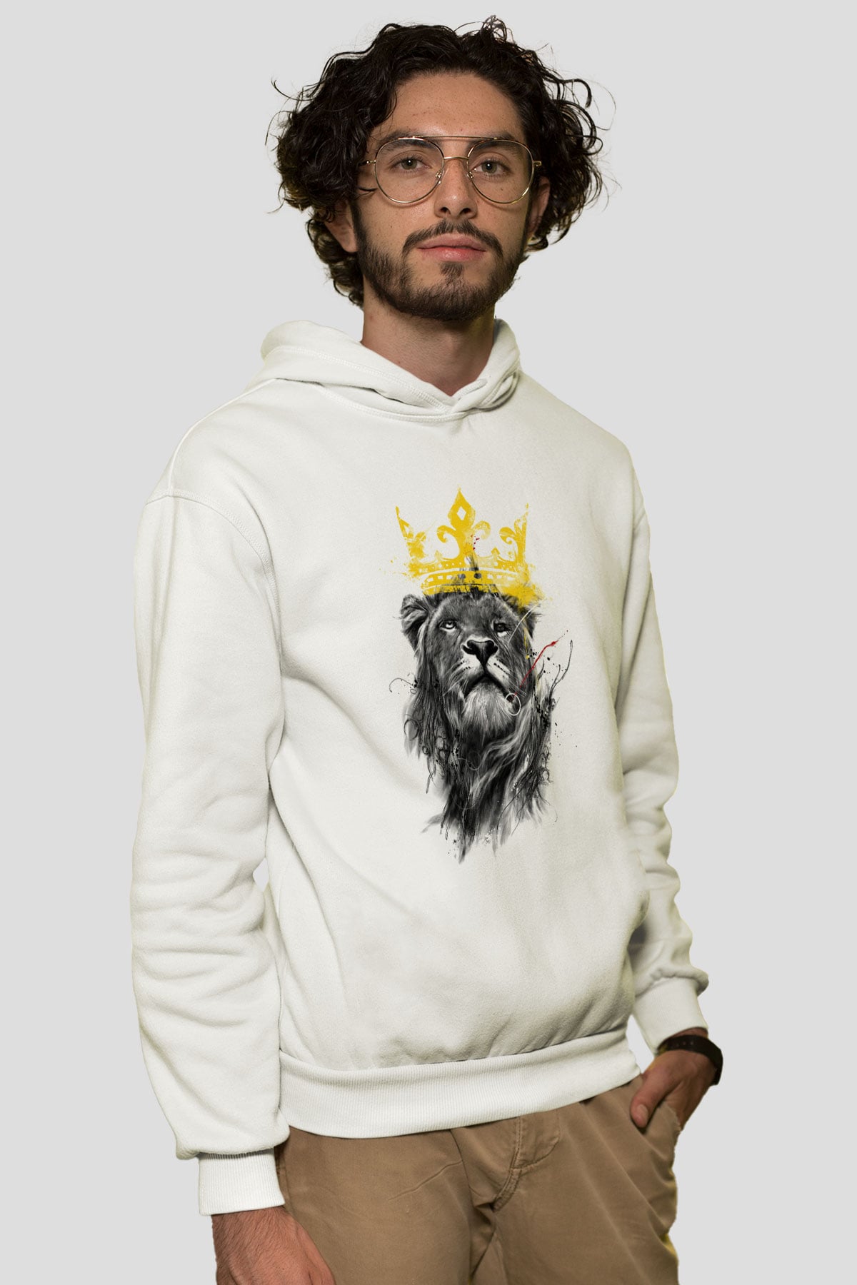 Aslan Beyaz Unisex Kapşonlu Sweatshirt