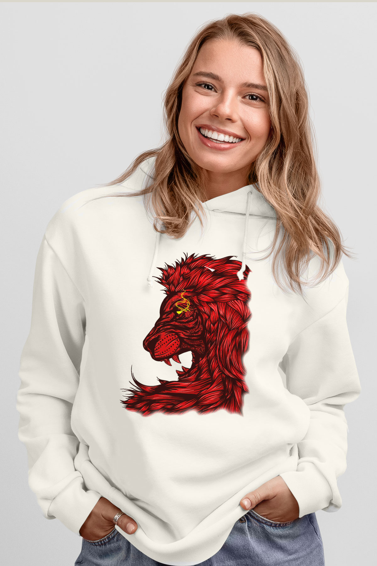 Aslan Beyaz Unisex Kapşonlu Sweatshirt
