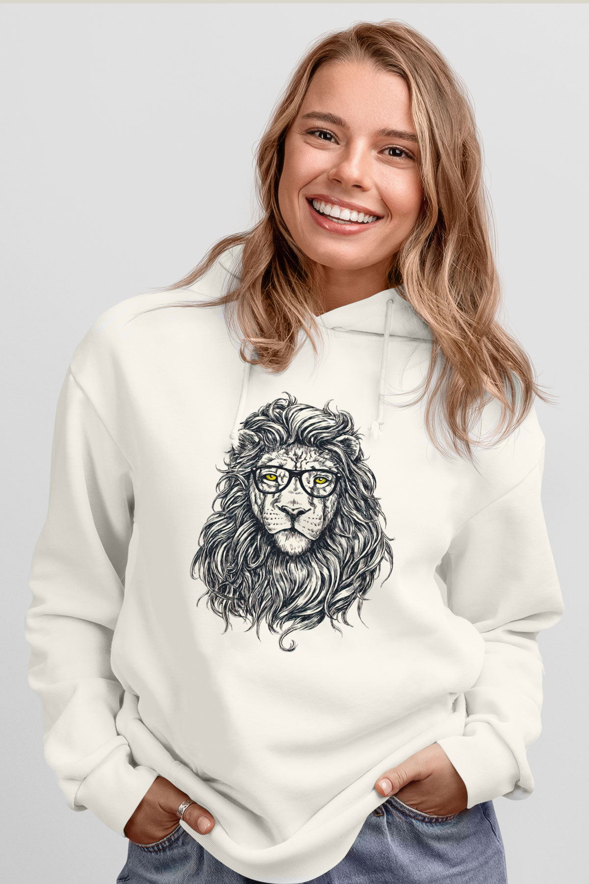 Aslan Beyaz Unisex Kapşonlu Sweatshirt