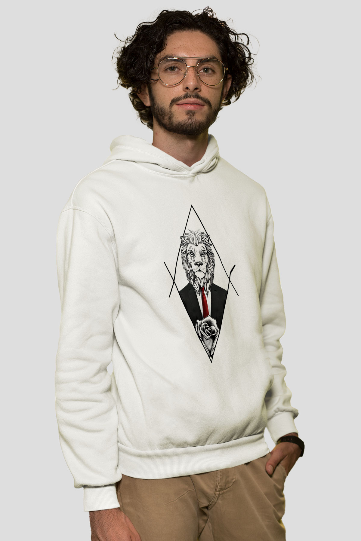 Aslan Beyaz Unisex Kapşonlu Sweatshirt