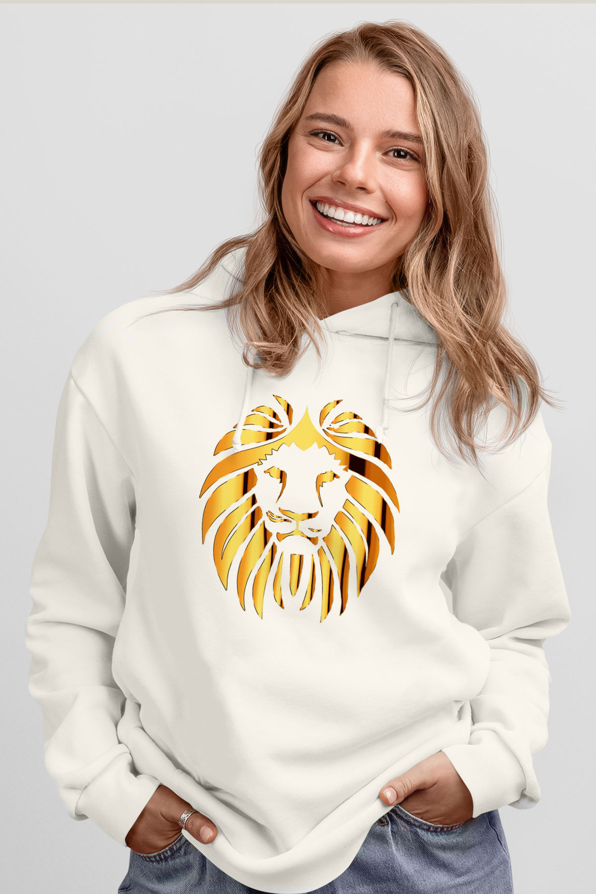 Aslan Beyaz Unisex Kapşonlu Sweatshirt