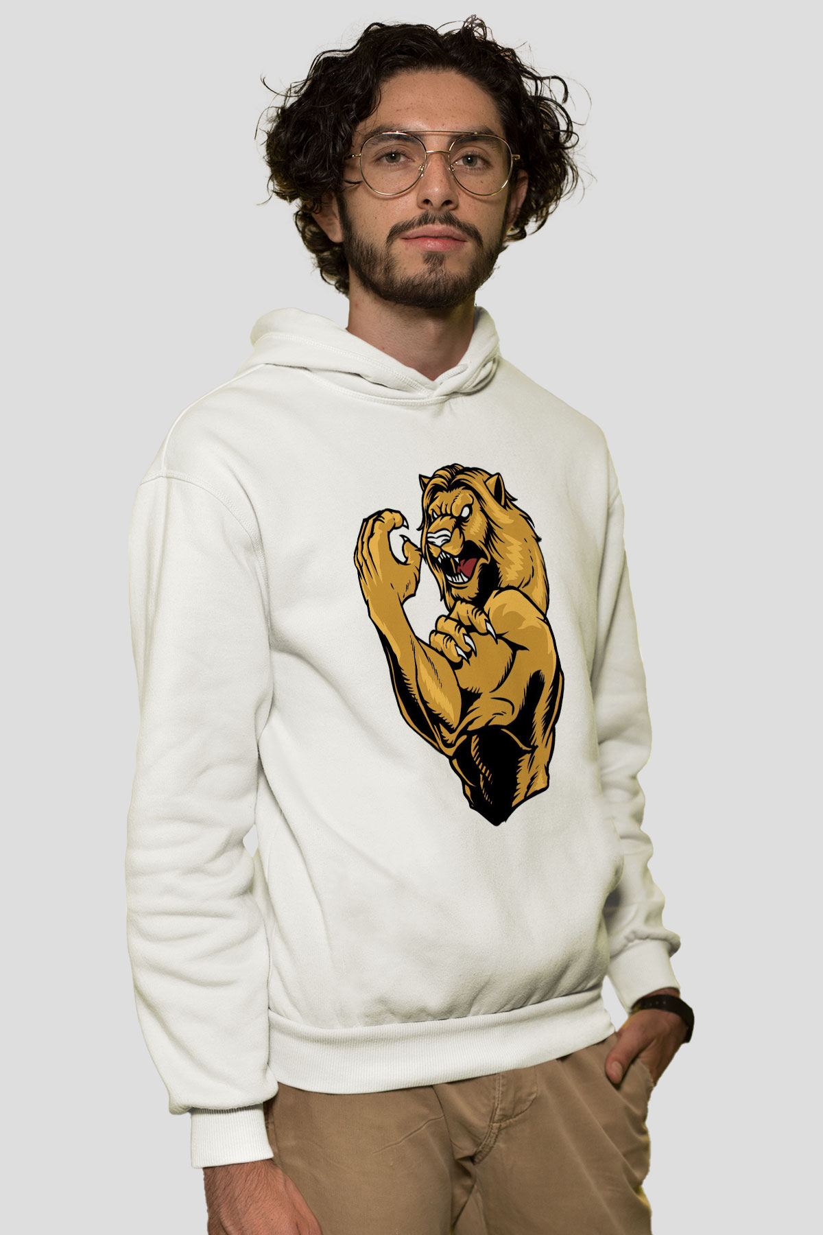 Aslan Beyaz Unisex Kapüşonlu Sweatshirt