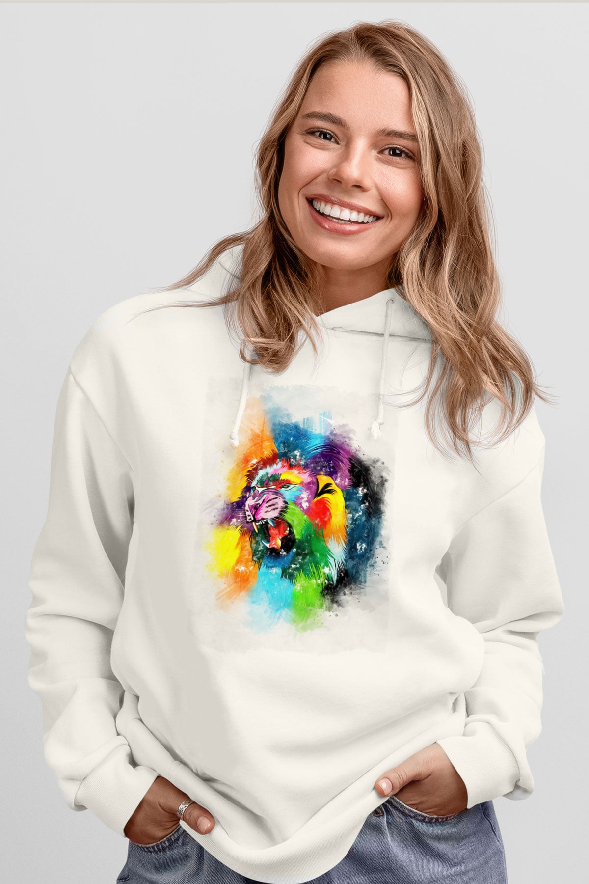 Aslan Beyaz Unisex Kapüşonlu Sweatshirt