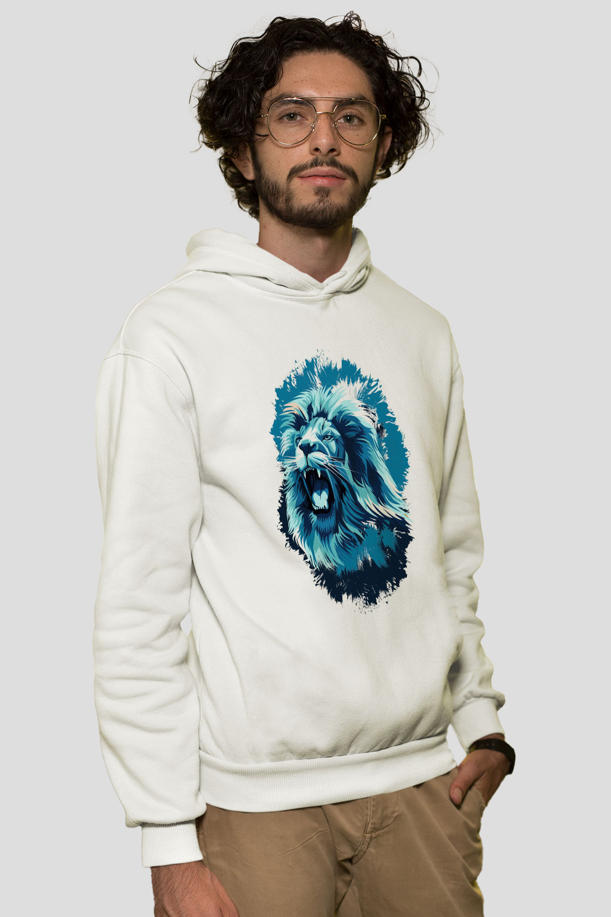 Aslan Beyaz Unisex Kapüşonlu Sweatshirt