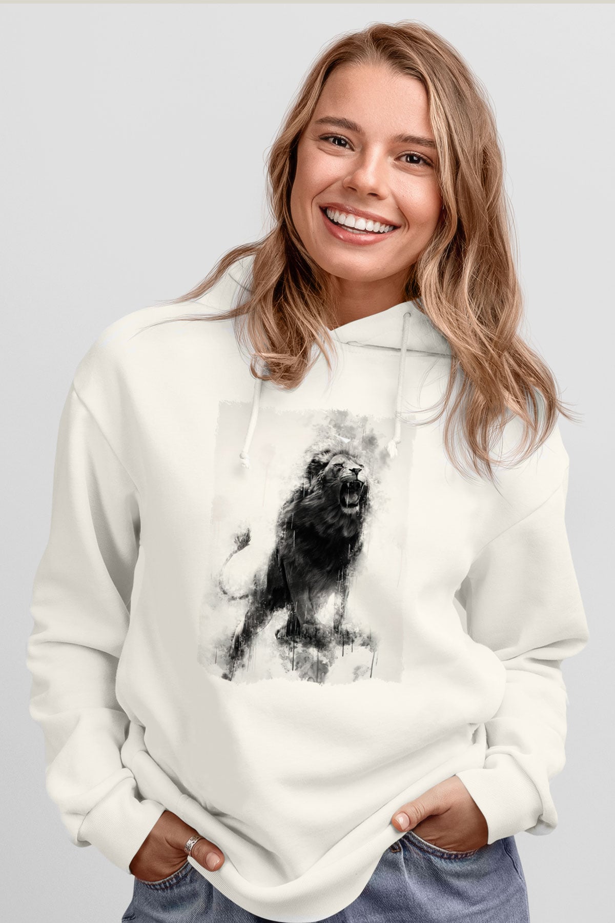 Aslan Beyaz Unisex Kapüşonlu Sweatshirt