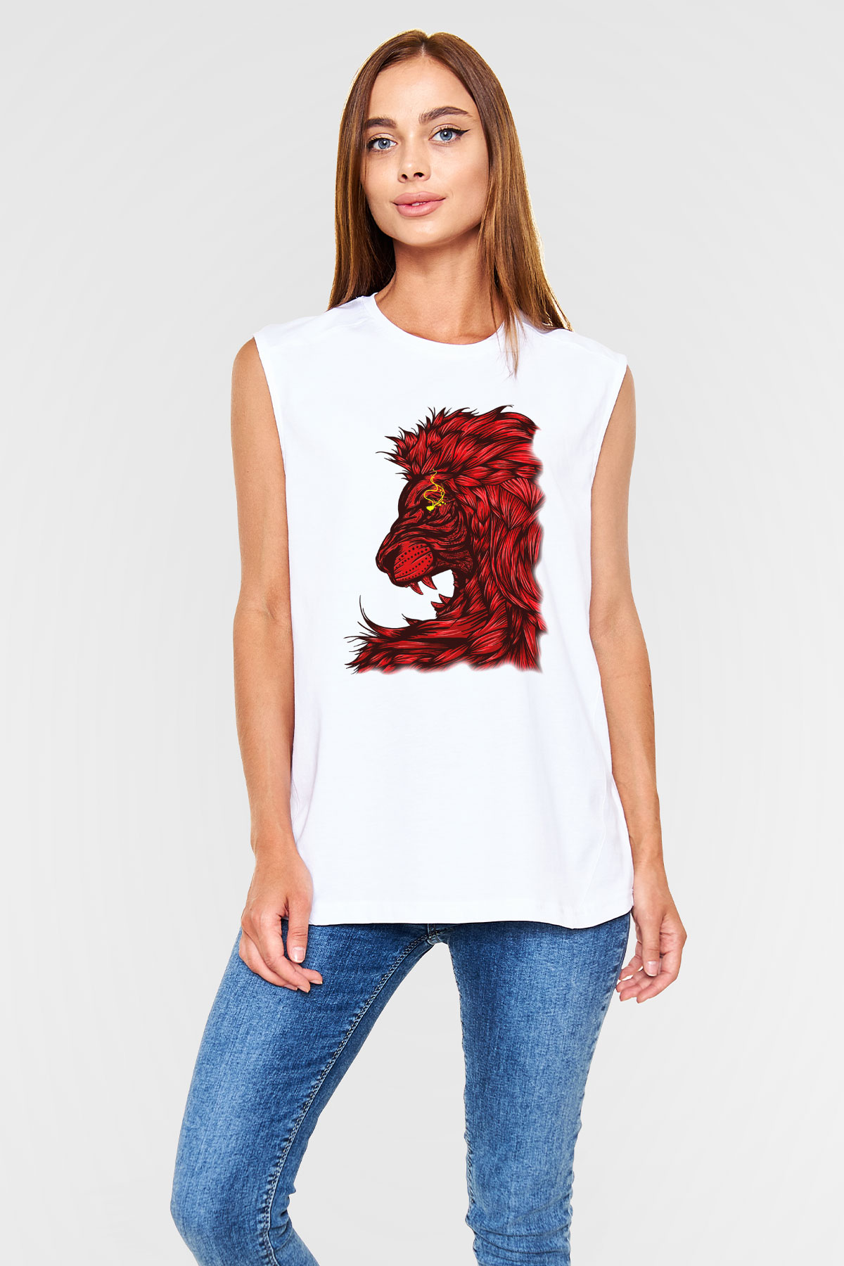 Aslan Beyaz Unisex Kolsuz Tişört