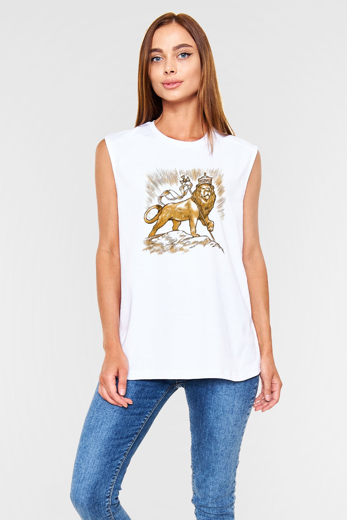 Aslan Beyaz Unisex Kolsuz Tişört