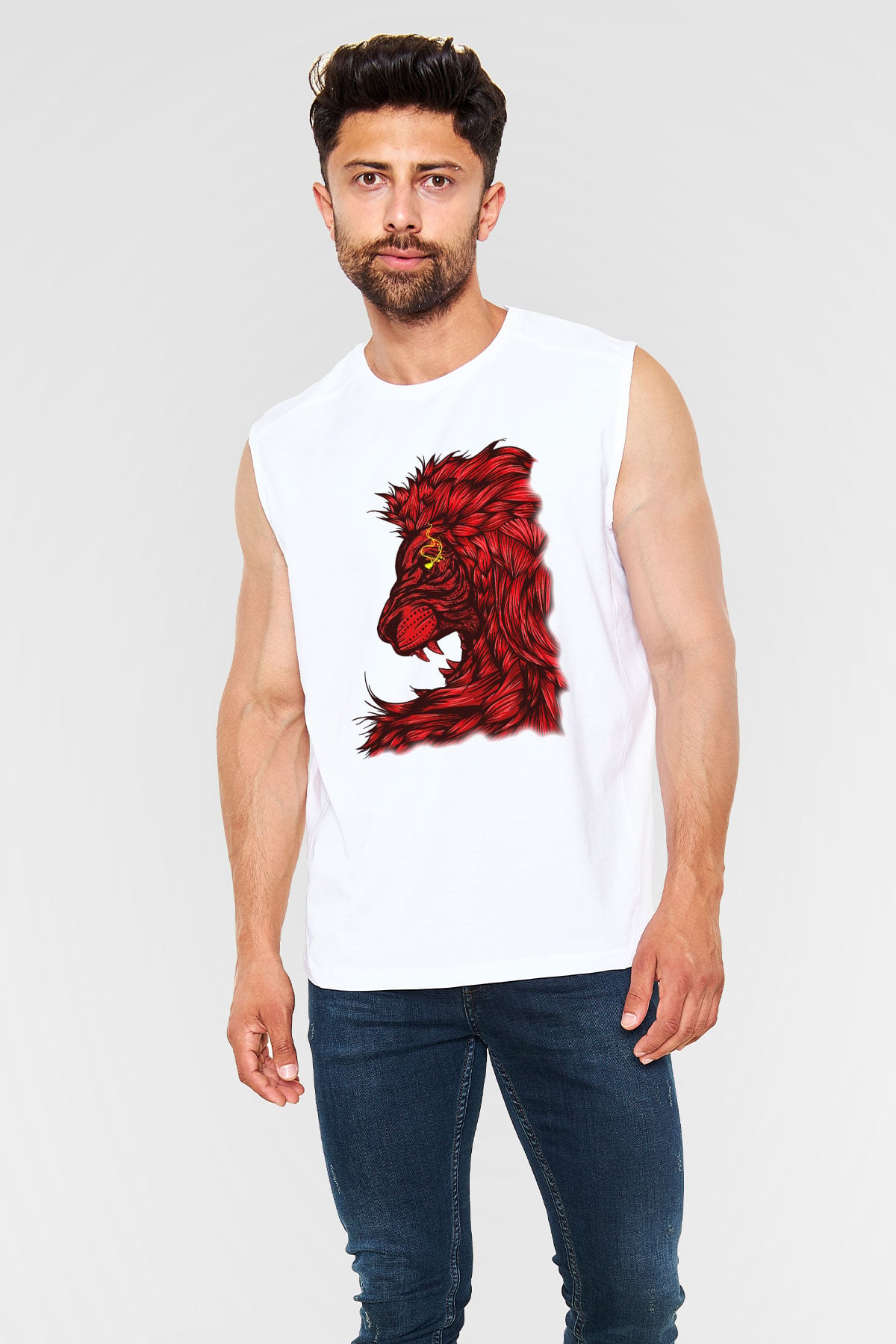 Aslan Beyaz Unisex Kolsuz Tişört