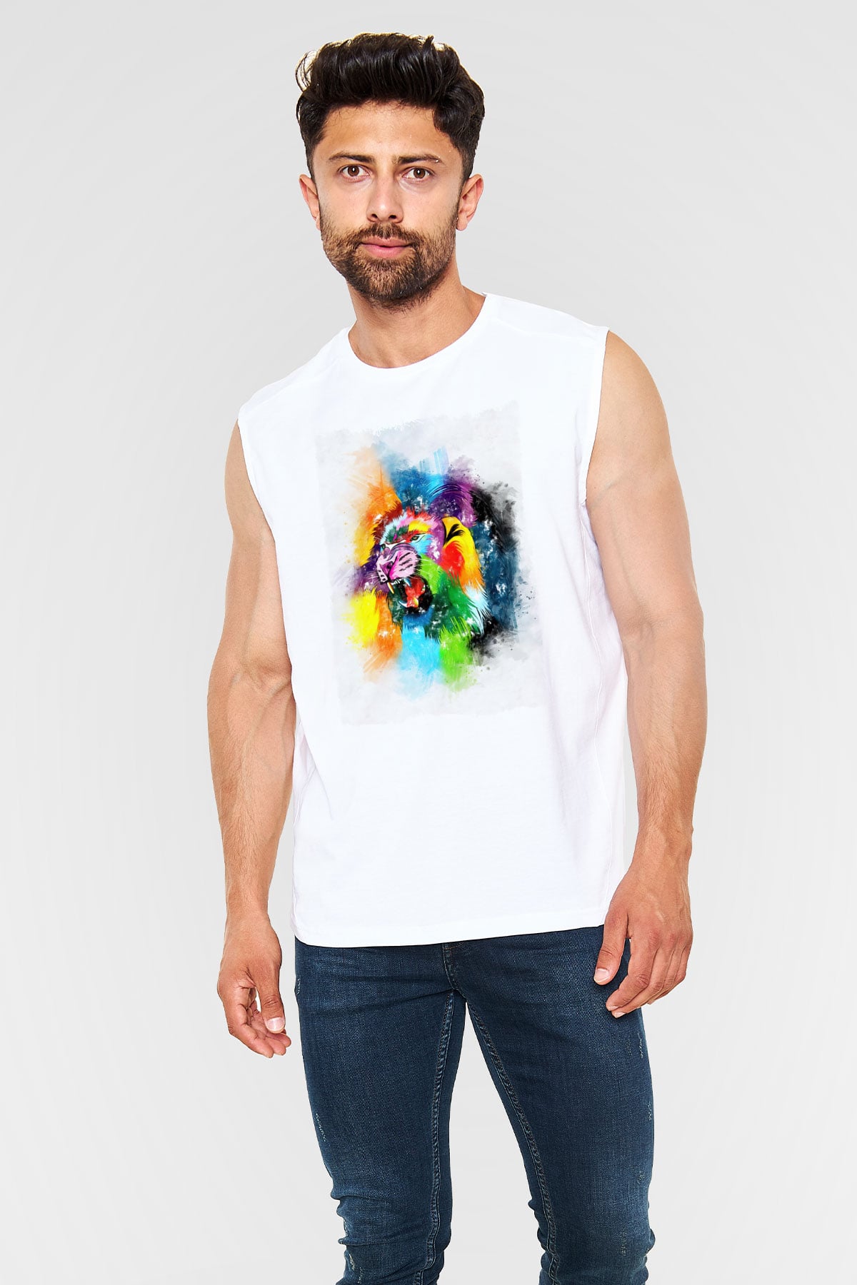 Aslan Beyaz Unisex Kolsuz Tişört
