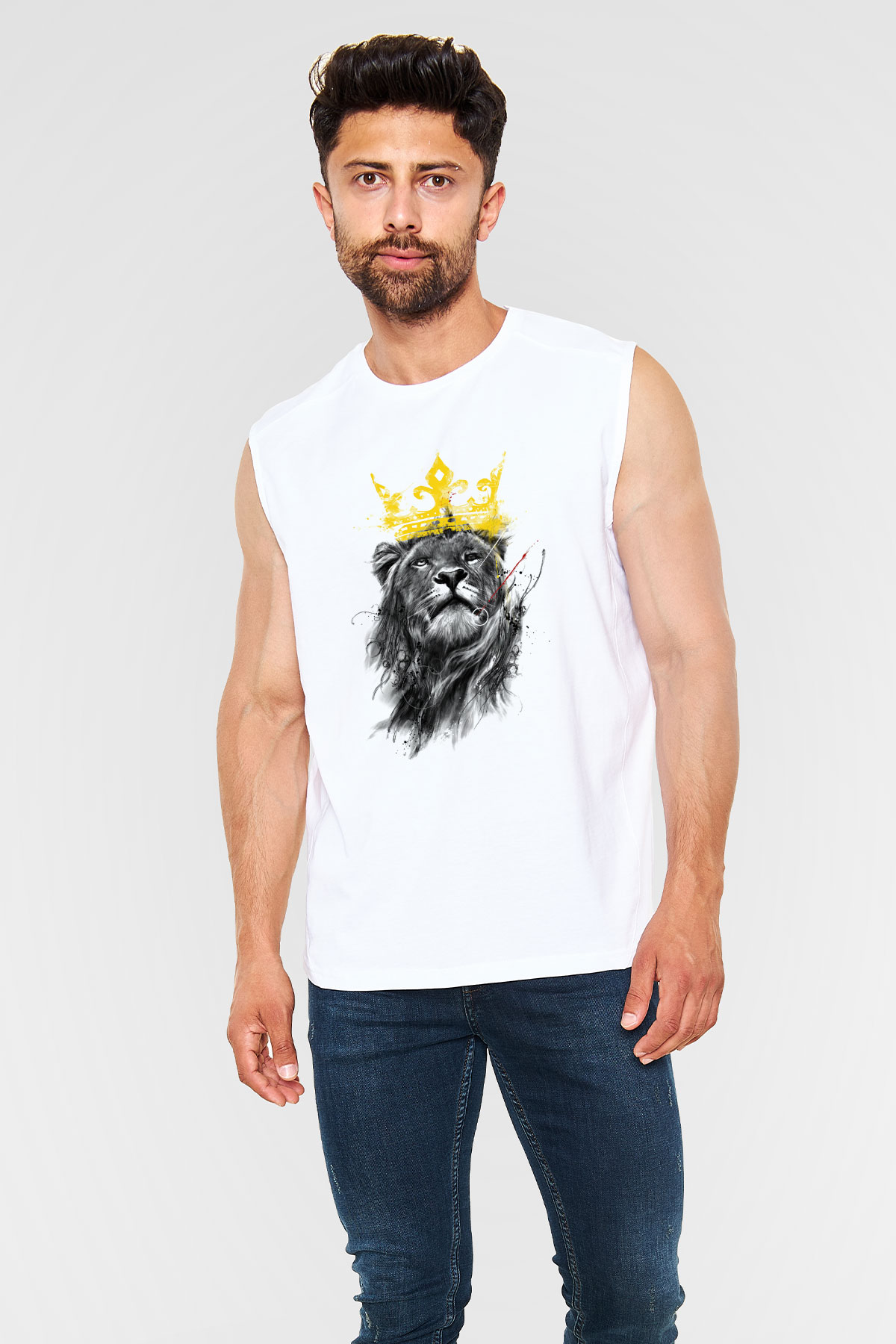 Aslan Beyaz Unisex Kolsuz Tişört