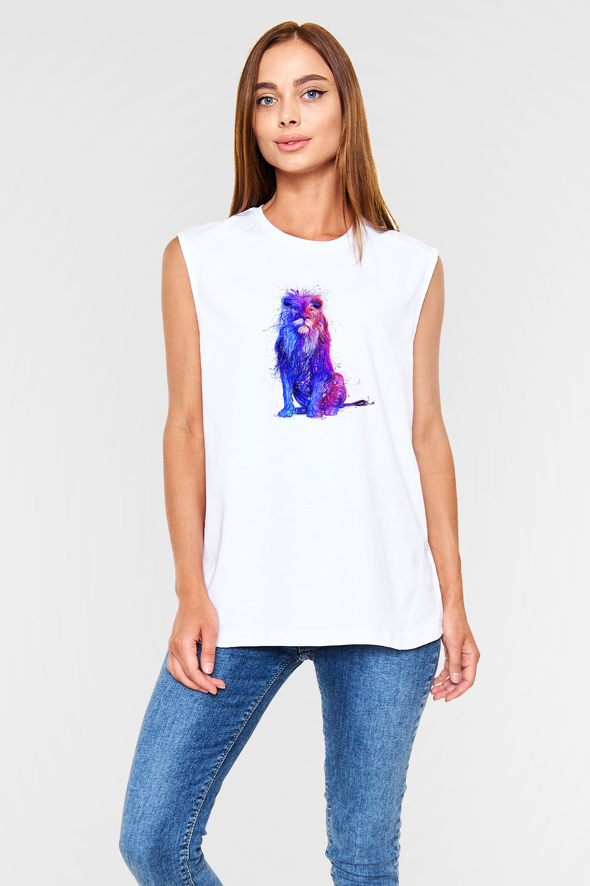 Aslan Beyaz Unisex Kolsuz Tişört