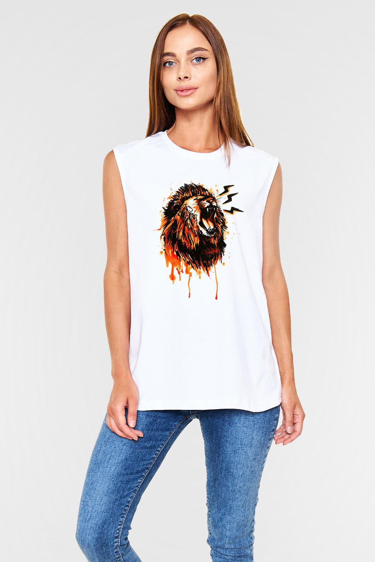 Aslan Beyaz Unisex Kolsuz Tişört