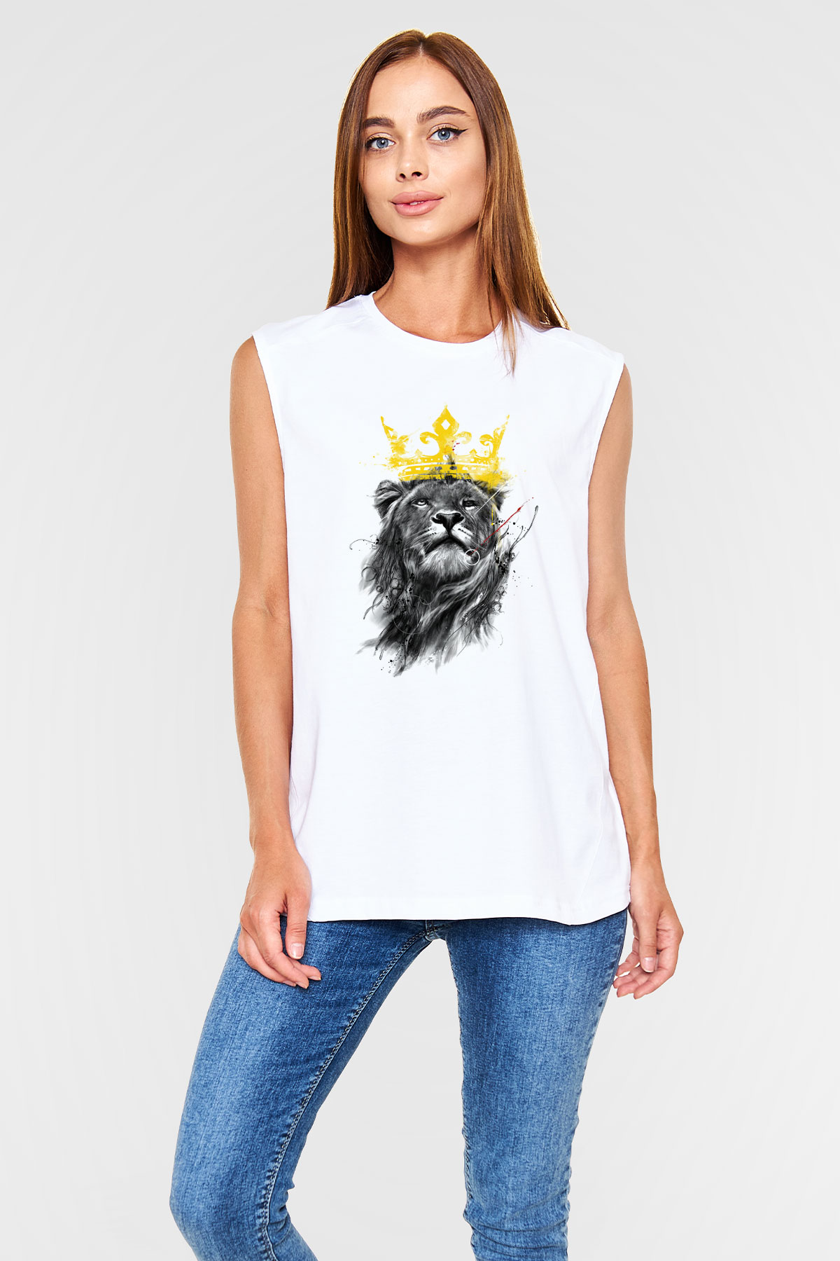 Aslan Beyaz Unisex Kolsuz Tişört