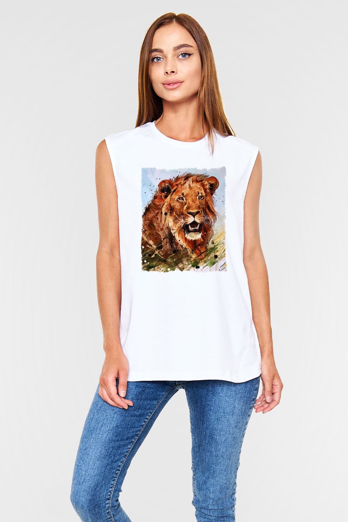 Aslan Beyaz Unisex Kolsuz Tişört