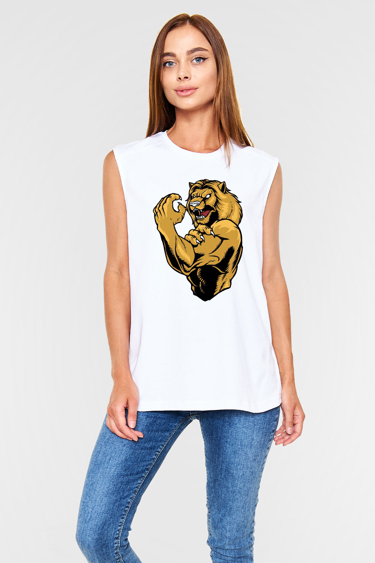 Aslan Beyaz Unisex Kolsuz Tişört