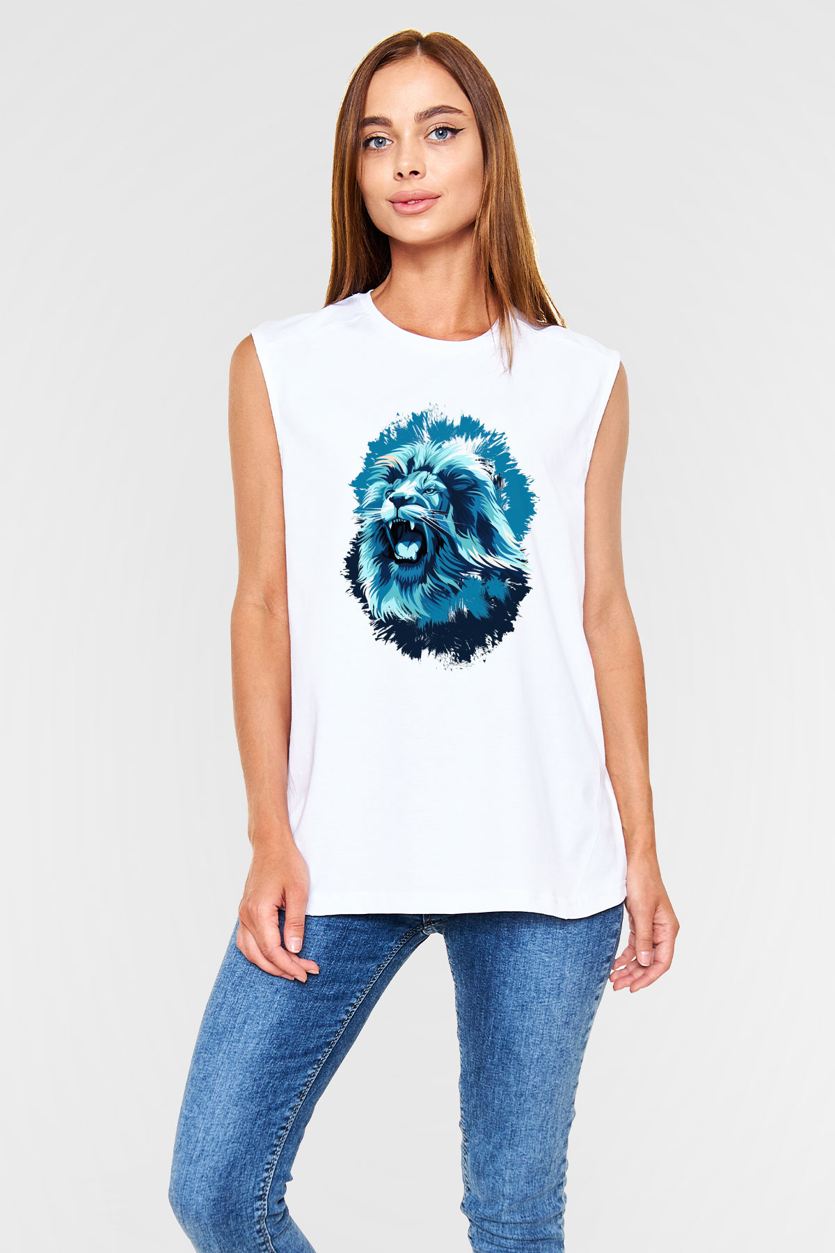 Aslan Beyaz Unisex Kolsuz Tişört