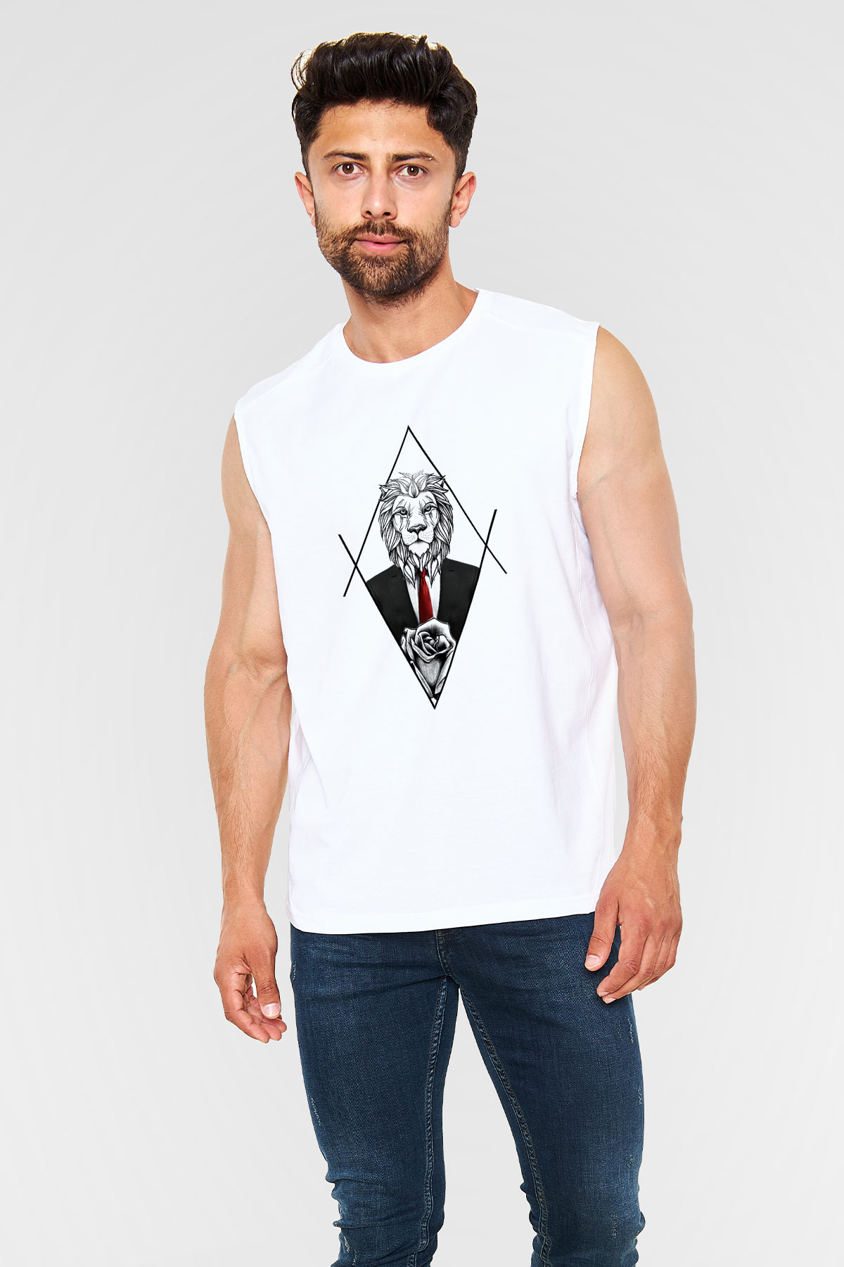 Aslan Beyaz Unisex Kolsuz Tişört