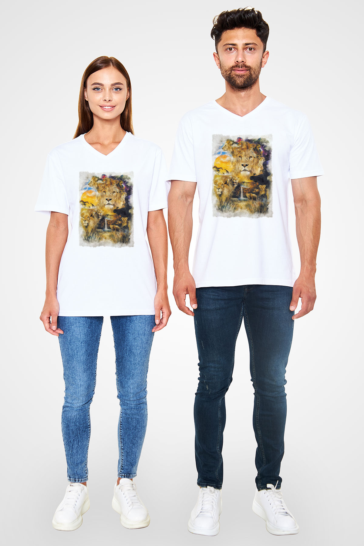 Aslan Beyaz Unisex V Yaka Tişört