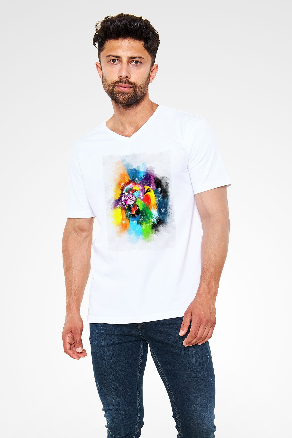 Aslan Beyaz Unisex V Yaka Tişört