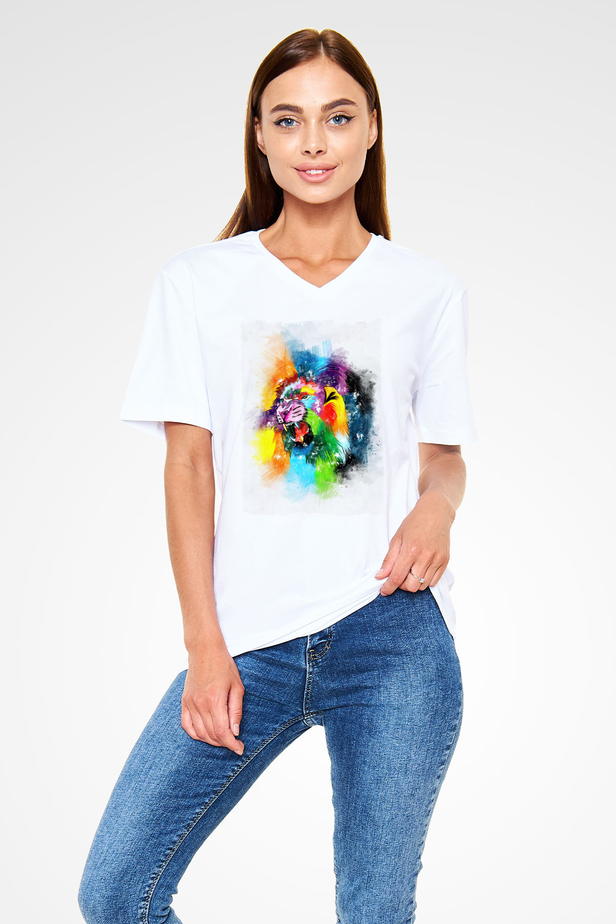 Aslan Beyaz Unisex V Yaka Tişört