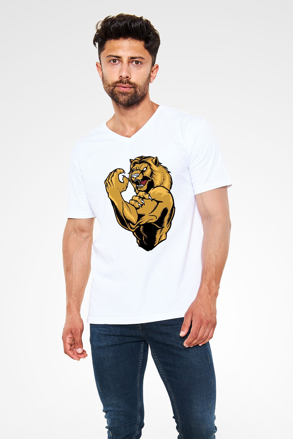 Aslan Beyaz Unisex V Yaka Tişört