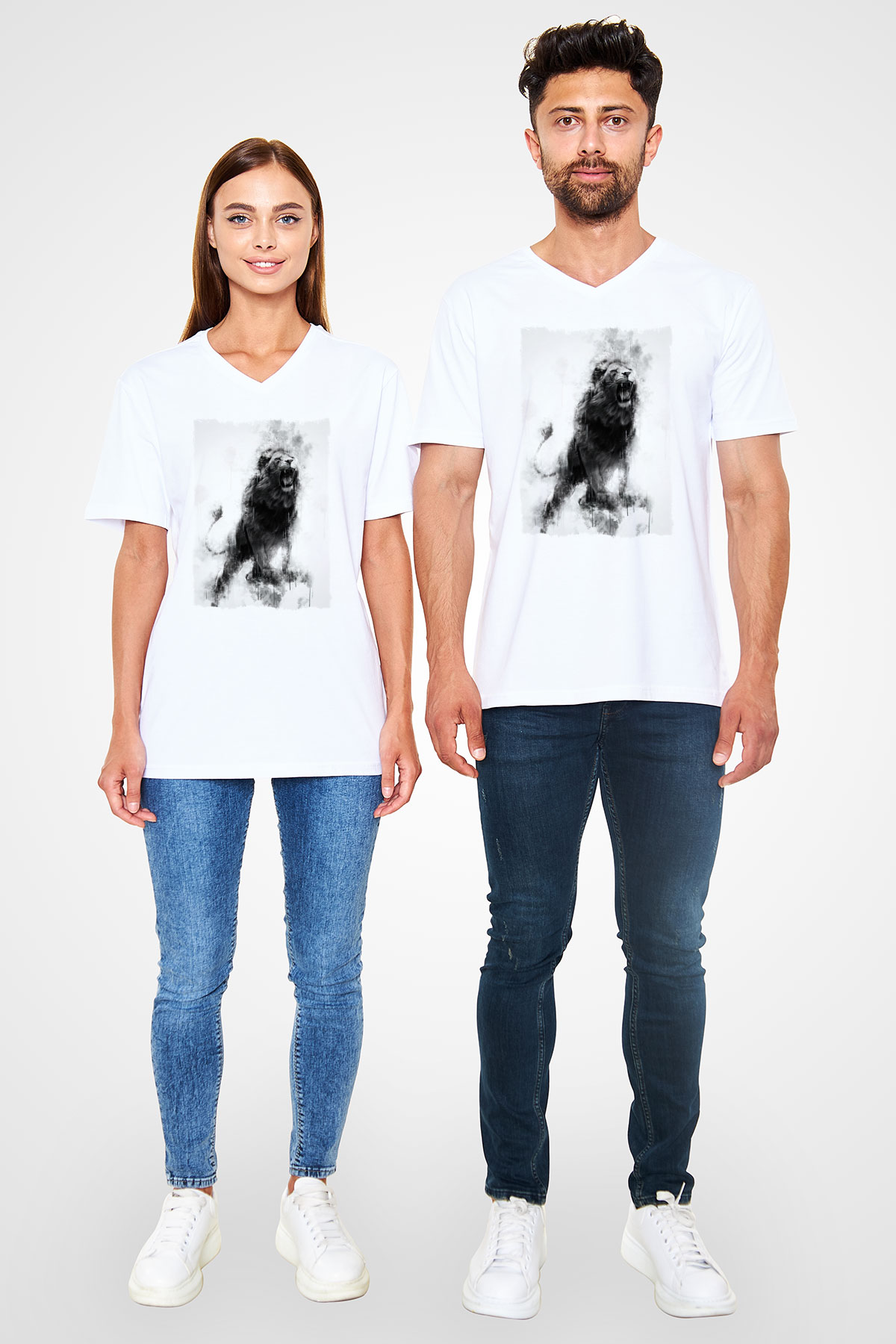 Aslan Beyaz Unisex V Yaka Tişört