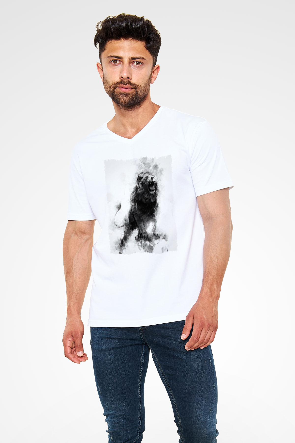 Aslan Beyaz Unisex V Yaka Tişört