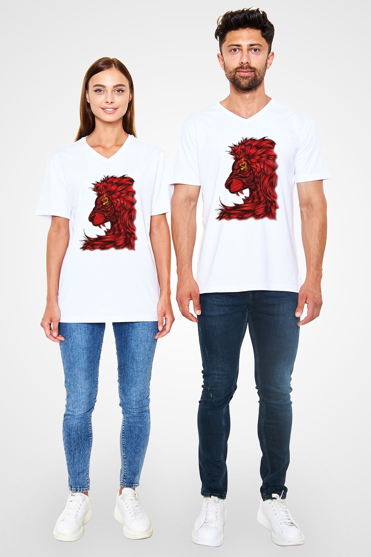 Aslan Beyaz Unisex V Yaka Tişört T-Shirt