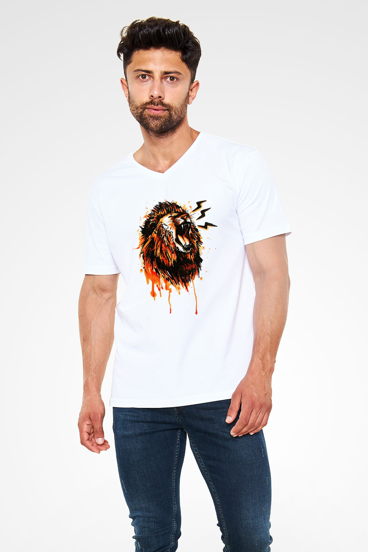Aslan Beyaz Unisex V Yaka Tişört T-Shirt