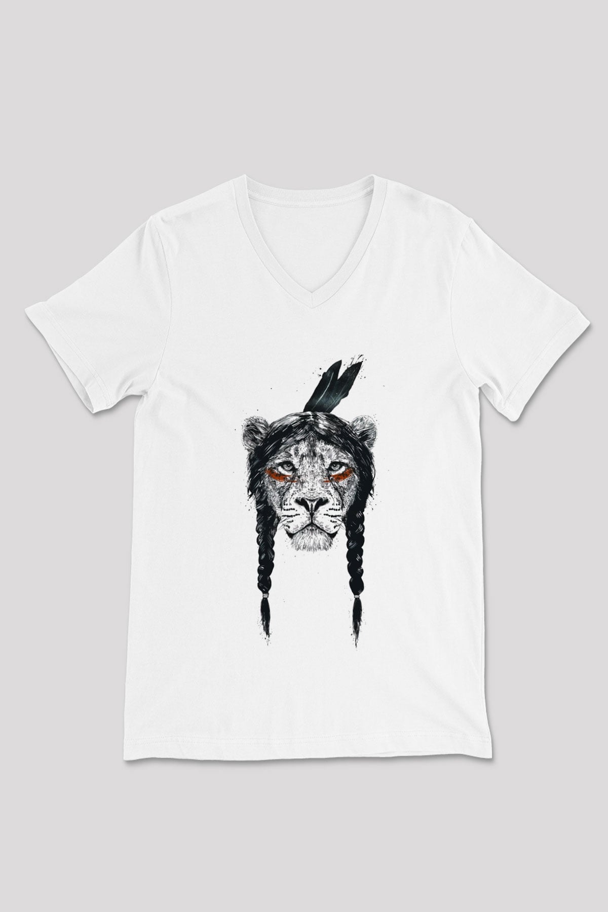 Aslan Beyaz Unisex V Yaka Tişört T-Shirt