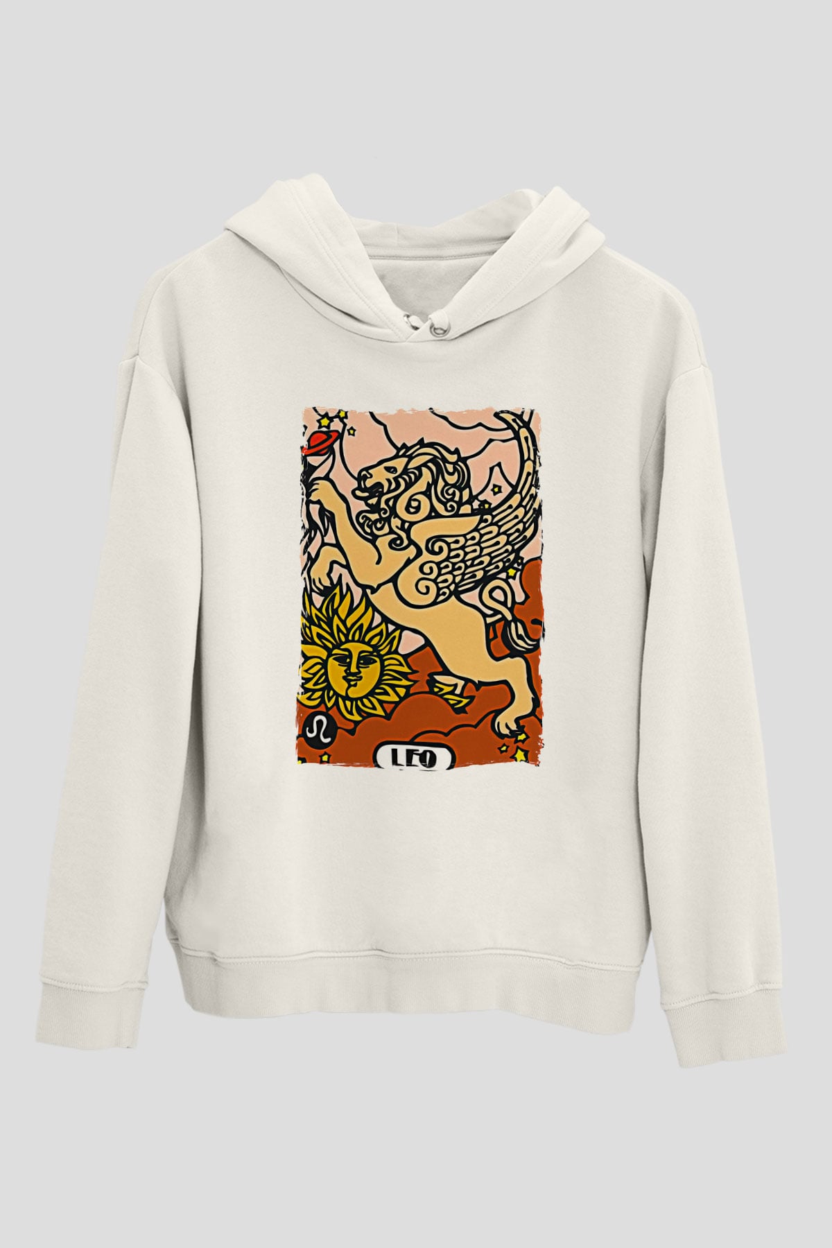 Aslan Burcu Baskılı Beyaz Unisex Hoodie