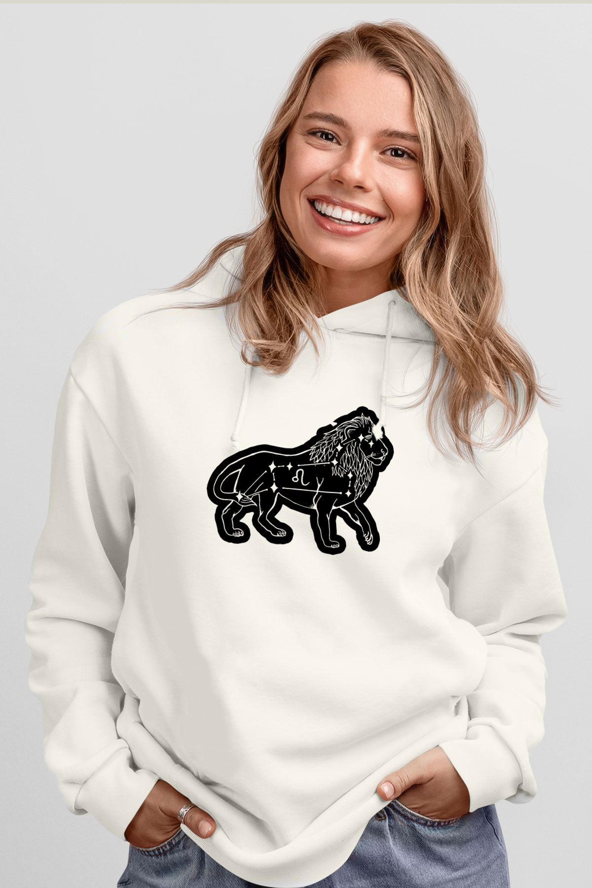 Aslan Burcu Baskılı Beyaz Unisex Hoodie