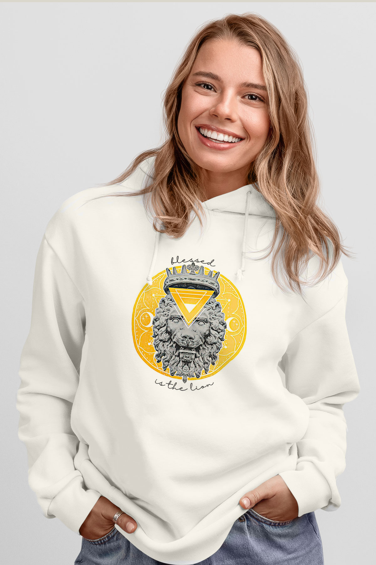 Aslan Burcu Baskılı Beyaz Unisex Hoodie